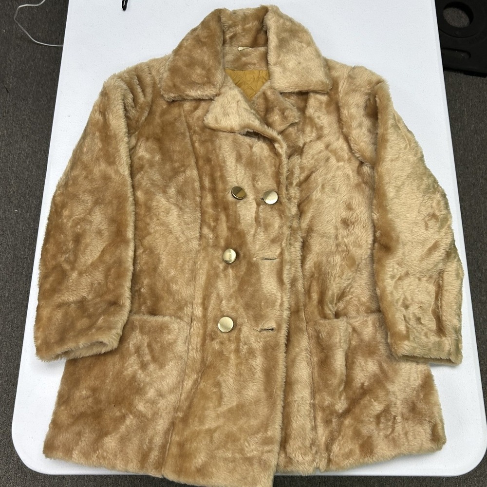 Sears Faux Fur Coat Womens Tan Vintage 70s Double Breasted Gold Button Teddy
